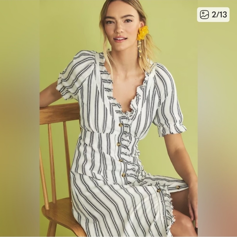 Anthropologie, Pilcro Ruffled, Collar, Button Down, Strped, Linen Dress